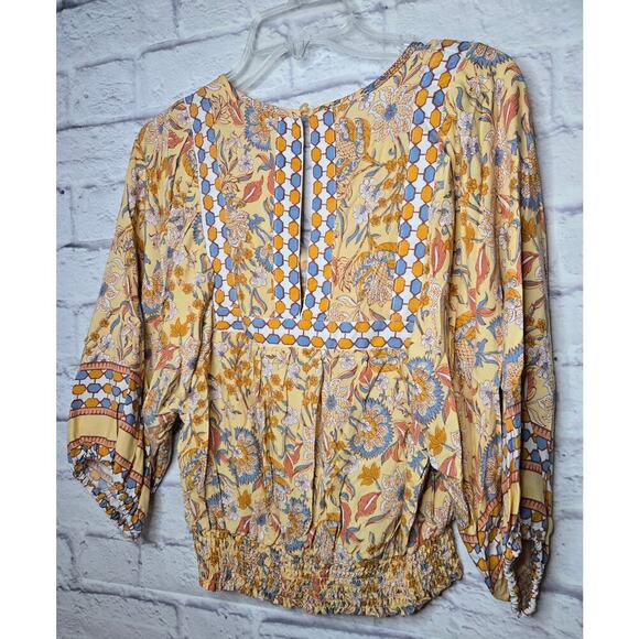 Rachel Zoe yellow boho floral smocked v-neck spring/summer blouse top small - Picture 4 of 7